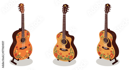 Colorful floral acoustic guitars on stands: artistic 3d designs