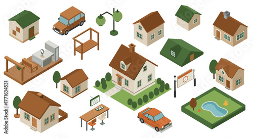 Isometric house collection with vehicles and outdoor elements in flat design