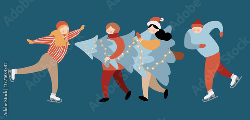 A set of vector illustrations of Christmas people. A man and woman are ice skating, and a boy and girl are carrying a Christmas tree. Winter flat clipart isolated on a dark blue background