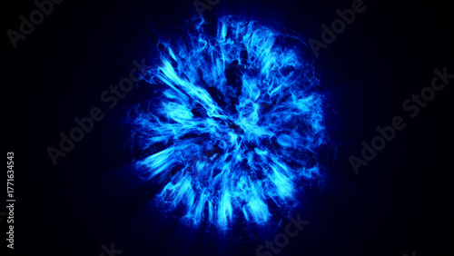 Abstract blue plasma explosion forming glowing energy orb with dynamic light motion. Futuristic luminous burst background representing power, energy and motion depth