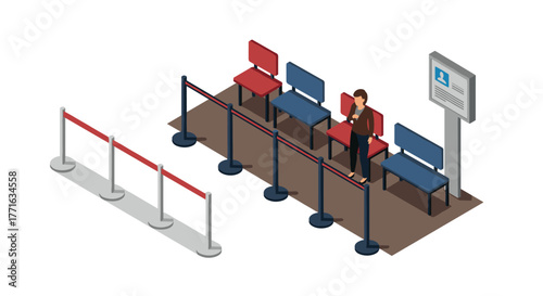 Isometric queue at waiting area with chairs and information board