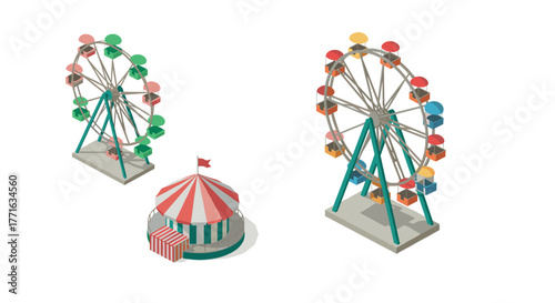 Isometric ferris wheel and carousel with vibrant colors on white background