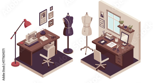 Cozy isometric sewing room with dress forms and pattern design