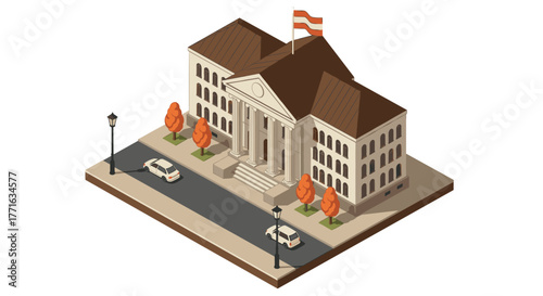 Historic government building in autumn with flag and trees in isometric view