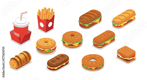 Isometric fast food set with burgers, sandwiches, fries, and drink on white background