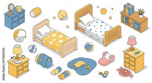 Charming kids bedroom set with isometric furniture and cozy decor elements for children's spaces