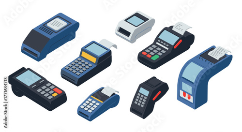 Isometric card readers set: modern payment devices in blue and black design