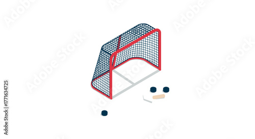 Isometric hockey goal with pucks and stick on white background