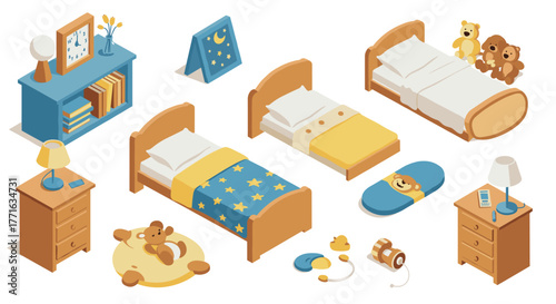 Cozy children's bedroom isometric set with furniture and toys