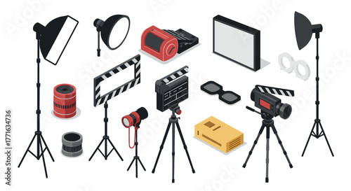 Filmmaking equipment set featuring cameras and lighting in modern isometric style