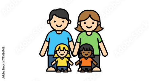 A happy family of four stands together smiling with love in their eyes, creating an atmosphere of warmth and togetherness.