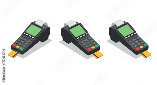 Isometric point of sale terminals with credit cards on white background