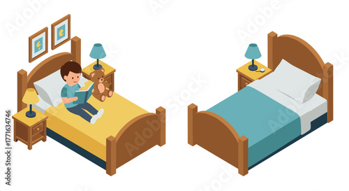 Cozy isometric bedroom with child reading and teddy bear on bed
