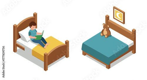 Isometric bedroom scene with child reading and teddy bear on bed