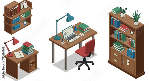 Cozy isometric office workspace with desk, bookshelves, and laptop setup