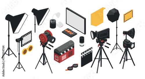 Isometric film equipment set with lights, camera, clapboard, and screens