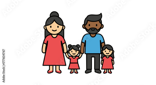 An illustration depicts a happy family: a mother, father, and two daughters standing together smiling brightly.