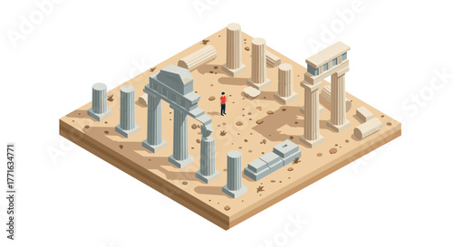 Isometric ancient ruins with columns and arch on desert terrain