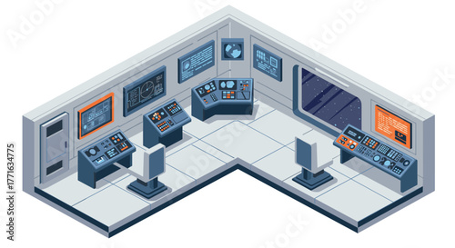 Futuristic isometric control station interior with advanced equipment and technology displays