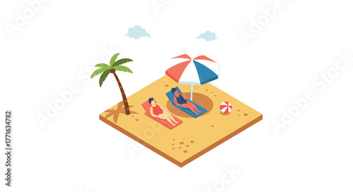 Relaxing beach scene with sunbathers and palm in isometric summer art