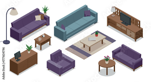 Isometric living room furniture set: modern sofas, armchairs, and tables