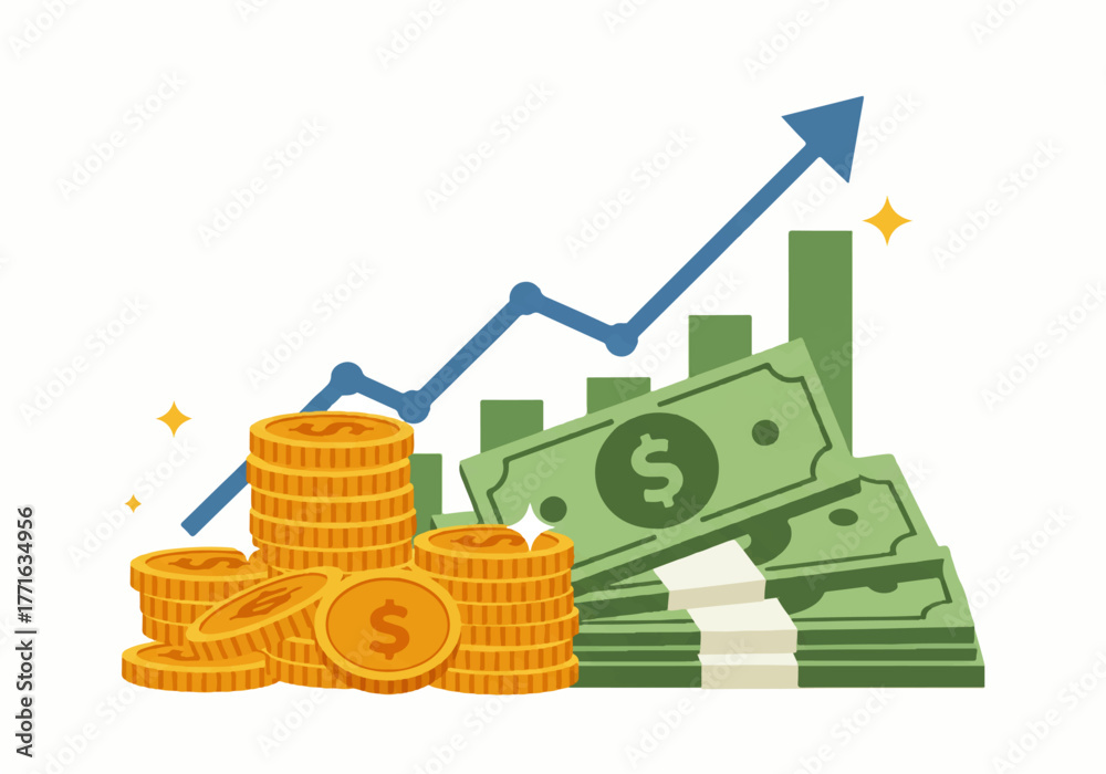 Naklejka premium Illustration depicting financial growth with stacks of coins, dollar bills, and an upward trending graph.