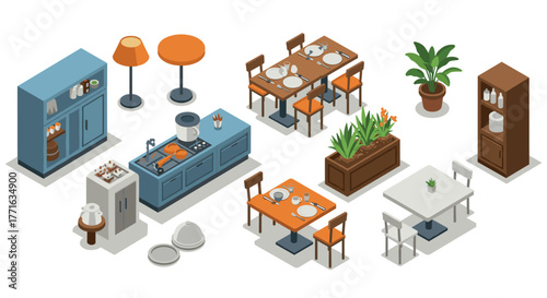 Cozy isometric dining room and kitchen scene with furniture and decor elements
