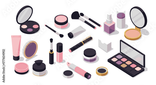 Isometric makeup set with brushes, lipstick, and palettes on white background