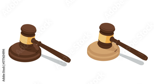 Colorful isometric gavel set on white background for legal and judicial concepts