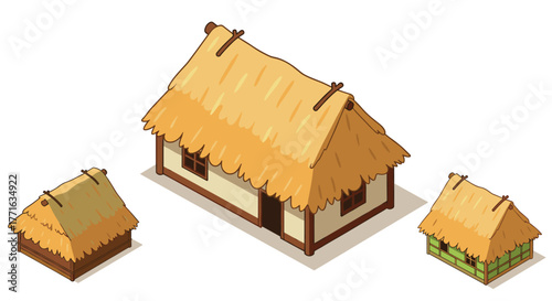 Traditional thatched roof huts with textured straw roofs in isometric design