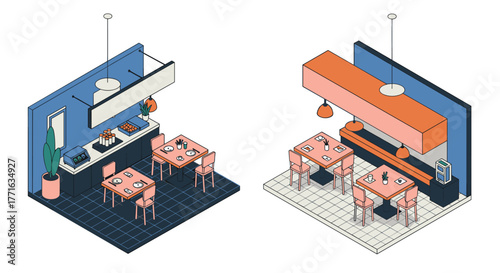 Modern isometric cafe interior design with dining tables and decor elements