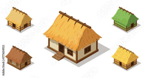 Isometric traditional thatch roof houses collection on white background