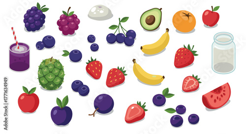 Colorful array of fresh fruits and berries with drink