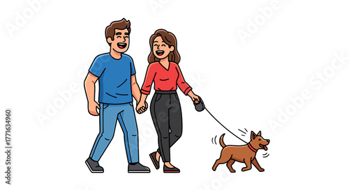 couple walks with dog.