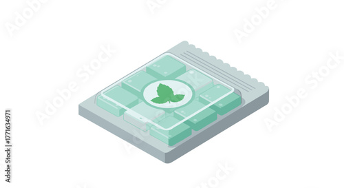 Isometric mint chewing gum pack with leaf design on white background
