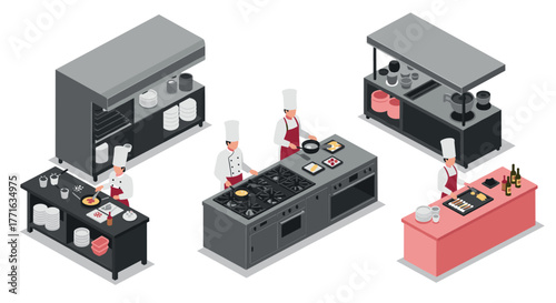 Isometric kitchen scene with chefs preparing food in modern culinary workspace