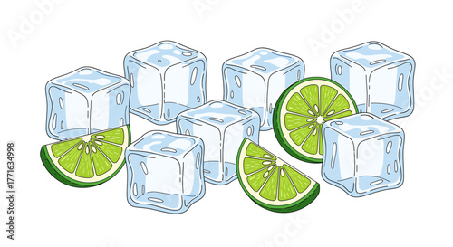ice cubes and lime slices.