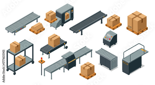 Isometric warehouse equipment and conveyor belts with cardboard boxes