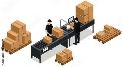 Isometric warehouse logistics with workers handling packages on conveyor belt