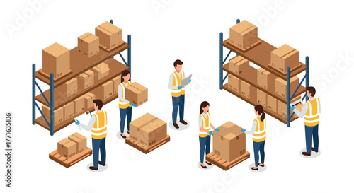 Warehouse team working with inventory on shelves in isometric style