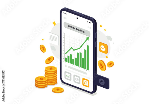 Isometric illustration of a smartphone displaying an online trading app with an upward trending graph and stacked gold coins.