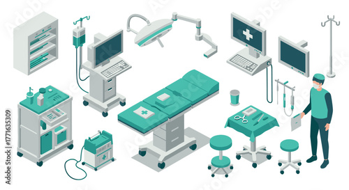 Isometric operating room setup with medical equipment and healthcare professional
