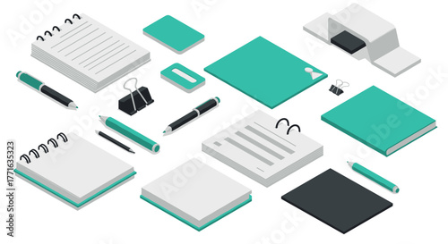 Isometric office supplies set featuring notebooks, pens, clips, and folders for modern workspace design