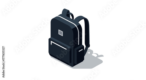 Isometric school backpack with straps and front pocket on white background