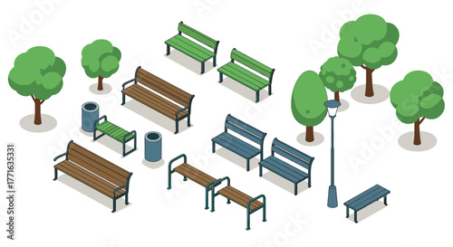 Isometric park elements: benches, bins, trees, and lamp post collection