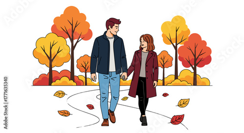 Couple walking in autumn park 