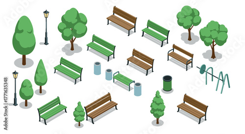 Isometric park elements set with benches, trees, and street lamps