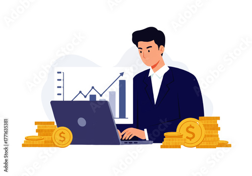 Man in suit working on laptop with rising graph in background and stacks of gold coins.