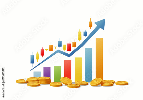 An upward trending blue arrow and candlestick chart with rising colorful columns, surrounded by scattered gold coins, symbolizing financial growth and success.