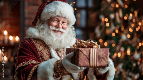 Santa Claus holding a beautifully wrapped gift in a cozy holiday setting with twinkling lights